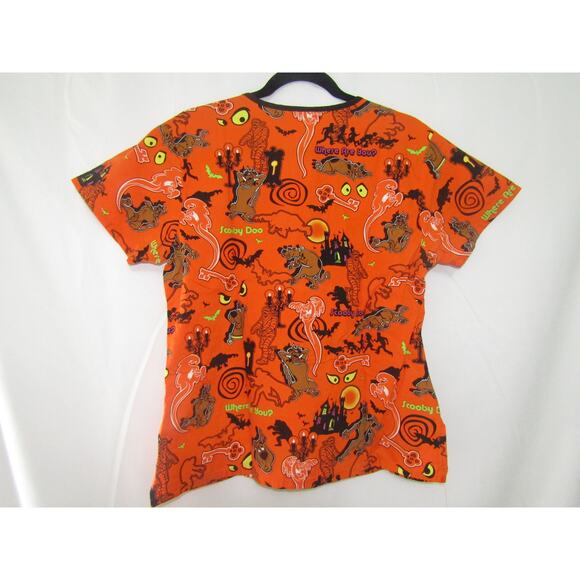 Scooby-Doo Halloween Scrub Top Womens Small Orange Cartoon Medical Uniform Nurse - Picture 2 of 6